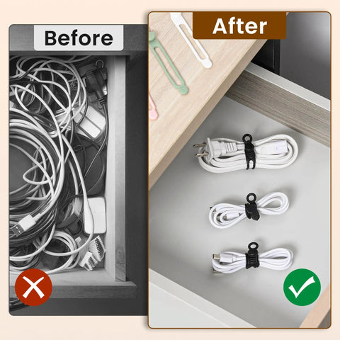 Before and after image showing tangled cords versus neatly organized cables using Silicone Cable Ties 10 Pack Reusable Wire Wraps For Office And Home Use, Multipurpose Cable Management For Charging Cords, Appliances, Kitchen, Travel, School, And More.