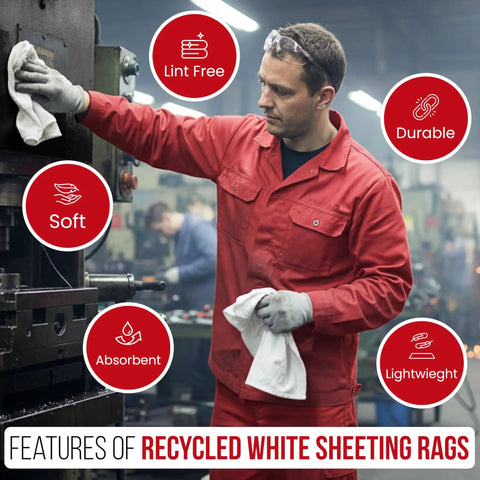 Man in red uniform using Recycled Cotton Cleaning Rags Lint Free White Cloths in manufacturing shop, highlighting features.