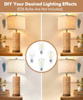 Set Of 2 Rattan Table Lamps For Living Room With USB Ports, 27 Inch Tall Rustic Seagrass Bedside Lamps showing different lighting effects