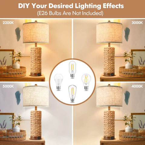 Set Of 2 Rattan Table Lamps For Living Room With USB Ports, 27 Inch Tall Rustic Seagrass Bedside Lamps showing different lighting effects
