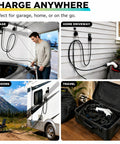 Premium EV Charger Cable Organizer Featuring Slick Retractable Cord Reel For A Clean Garage Vibe Ceiling Or Wall Mount Fits Tesla And Universal Level 2 EV Charging Cords Heavy Duty Rock Solid Game Changer Setup in garage and outdoor settings.