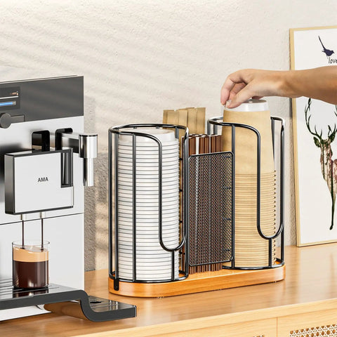 Cup And Lids Holder With Wooden Base For Disposable Cups Straws Organizer And Dispenser On Countertop Coffee Station
