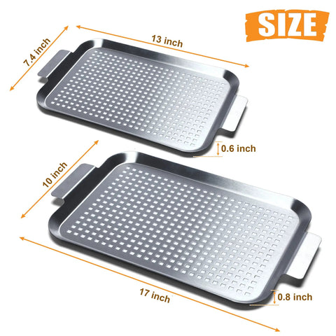 Grill Pan Set Of 2 Stainless Steel Perforated Grilling Baskets With Handles, 17x10 and 13x7.4 in, for Outdoor BBQ and Barbecue