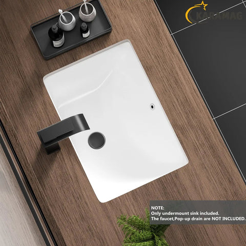 Top view of durable white rectangle undermount sink for vanity and bathroom, vitreous ceramic, no faucet holes, modern upgrade