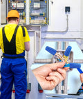 Electrician installing 150 Pcs Waterproof Wire Connectors Outdoor Splice Terminals For 22 To 12 AWG Cable Wire Blue in junction box.