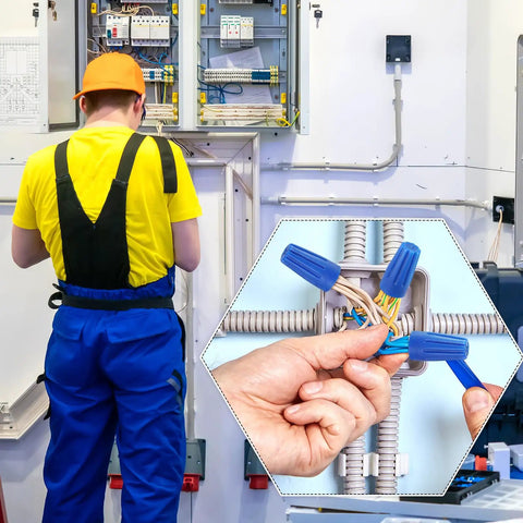 Electrician installing 150 Pcs Waterproof Wire Connectors Outdoor Splice Terminals For 22 To 12 AWG Cable Wire Blue in junction box.
