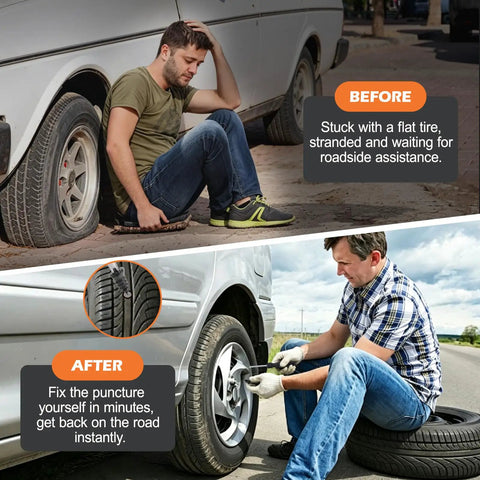 Quick Fix Tire Plug Repair Kit in use before and after fixing a flat tire on roadside, highlighting easy self-service repair.
