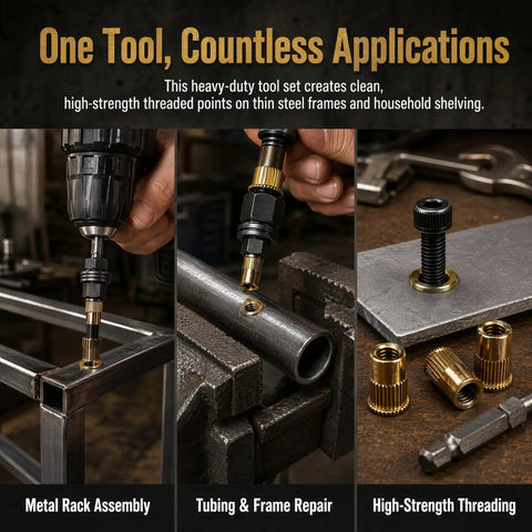 Rivet Nut Kit With Organizer Box M3 Through M8 Drill Adapter Set Includes 10 Pcs Per Model With Custom Slots For Mandrels And Hardware, Pro Grade Workshop Essential For Automotive And Metalworking DIY Projects, Keeps It Neat And Ready To Tackle. metal rivet nuts installed in steel frame, tube repair, and threaded panel work