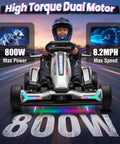 Child riding 24V Electric Drift Go Kart with Dual 800W Motors, 8.2 MPH top speed, on a track, showcasing high torque and LED lights.