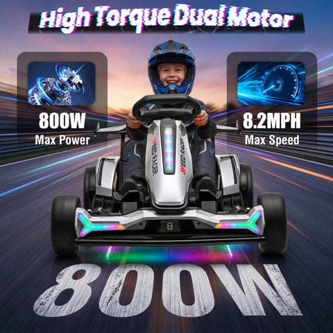 Child riding 24V Electric Drift Go Kart with Dual 800W Motors, 8.2 MPH top speed, on a track, showcasing high torque and LED lights.