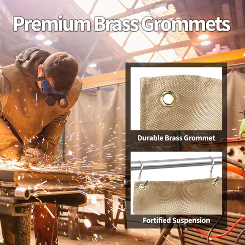 Beefy Heavy Duty Welding Blanket 6x8 Ft Fiberglass Curtain in use, showing durable brass grommets and secure suspension.