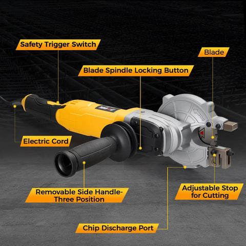 Pro Grade Electric Rebar Cutter Saw Kit with 1100W 120V 60Hz, with safety trigger, side handle, and adjustable stop for cutting