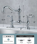 Chrome Bridge Kitchen Faucet With 8 Inch Centerset Solid Brass Construction 2 Or 3 Hole Sink Compatible Two Handle Classic Heritage Design Heavy Duty High Arc Spout Rust Resistant Deck Plate Included Modern Home Style showing dimensions.