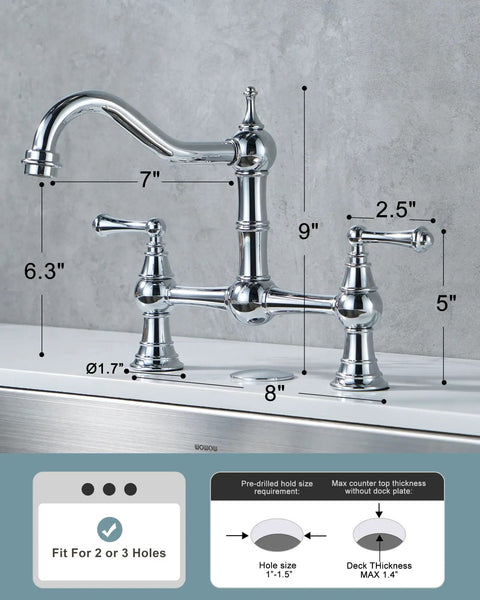 Chrome Bridge Kitchen Faucet With 8 Inch Centerset Solid Brass Construction 2 Or 3 Hole Sink Compatible Two Handle Classic Heritage Design Heavy Duty High Arc Spout Rust Resistant Deck Plate Included Modern Home Style showing dimensions.