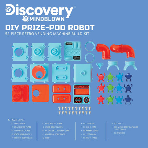 Prize Pod Robot Kit With 52 Piece Vending Machine Build Set And 12 Transforming Capsules, blue plastic parts laid out