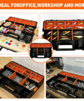 3 Piece Toolbox Organizer Set with Clear Lid, 21 Compartments and Removable Dividers, filled with various small items