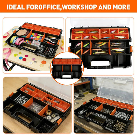 3 Piece Toolbox Organizer Set with Clear Lid, 21 Compartments and Removable Dividers, filled with various small items