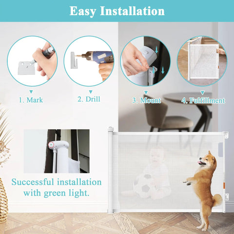 Retractable Baby Gate For Stairs And Doorways, Extends Up To 51 Inches, Kid And Pup Safe Mesh Barrier With Auto Close, Easy Install instructions.