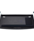 Slick Under Desk Keyboard Tray With Smooth Roll Slide Out Drawer Plus No Sweat Height Adjustments For Serious Typing Comfort And Built In Cable Clutter Control And Roomy Surface For Mice And Large Keyboards, showing top view and mounting brackets.