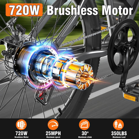 Go To 26 Inch Commuter Electric Bike With 720W Peak Motor detail view showing brushless motor and gears