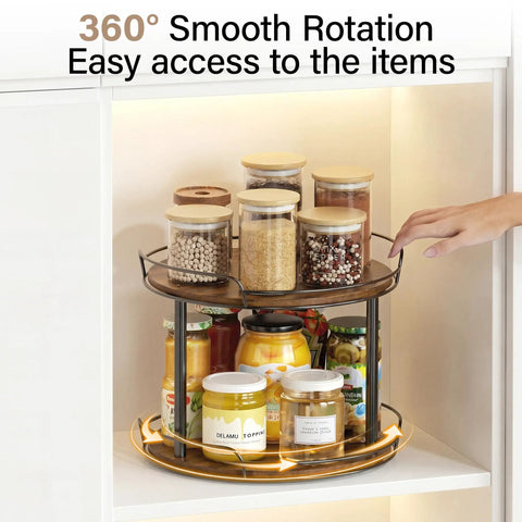 Dual Deck Lazy Susan Rotating Turntable Cabinet Organizer For Kitchen Spice Rack And Bulk Condiment Storage Rolls, 12 inch organizer with jars.