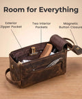 Top Shelf Genuine Buffalo Leather Toiletry Bag For Men And Women Brown Travel Organizer With Waterproof Inner Compartment showcasing exterior zipper pocket and two interior pockets.