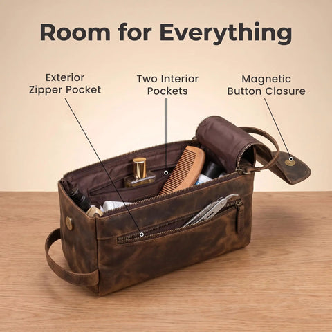 Top Shelf Genuine Buffalo Leather Toiletry Bag For Men And Women Brown Travel Organizer With Waterproof Inner Compartment showcasing exterior zipper pocket and two interior pockets.