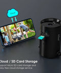 Solar Outdoor Security Camera Wireless Wire Free 1080p With Night Vision displaying video feed on smartphone, SD card slot