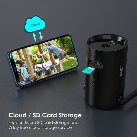 Solar Outdoor Security Camera Wireless Wire Free 1080p With Night Vision displaying video feed on smartphone, SD card slot