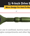 One Quarter Inch Drive Swivel Head Micro Ratcheting Bit Driver With Four Inch Length Ninety Tooth Reversible Ratchet in green
