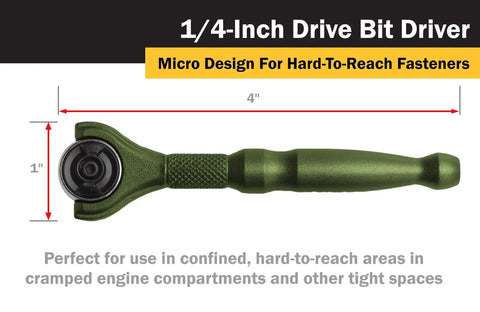 One Quarter Inch Drive Swivel Head Micro Ratcheting Bit Driver With Four Inch Length Ninety Tooth Reversible Ratchet in green