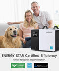 Serious 70 Pint Commercial Dehumidifier With Built In Pump And Drain Hose For Crawl Spaces And Large Basements Up To 5000 Sq Ft Energy Star Certified Compact Design displayed with happy family and dog.