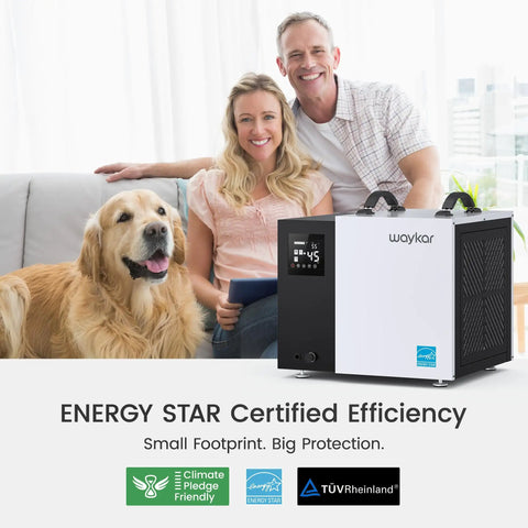 Serious 70 Pint Commercial Dehumidifier With Built In Pump And Drain Hose For Crawl Spaces And Large Basements Up To 5000 Sq Ft Energy Star Certified Compact Design displayed with happy family and dog.