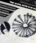 Heavy Duty 1 And 3/4 Inch Forstner Drill Bit Crafted From Tough As Nails 5140 Steel featuring hex shank, showcasing multiple bits on wood surface.