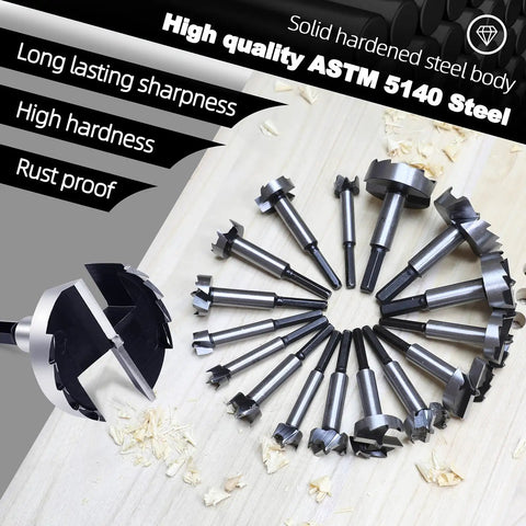 Heavy Duty 1 And 3/4 Inch Forstner Drill Bit Crafted From Tough As Nails 5140 Steel featuring hex shank, showcasing multiple bits on wood surface.