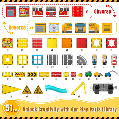 Magnetic Tiles Building Set With Road, Crane And Marble Run layout showing 51-piece construction site and fire station components.