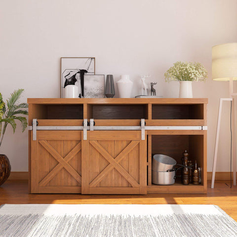 Wooden cabinet with Mini Brushed Nickel Barn Door Hardware Kit For Double Doors With 66 Inch Flat Track Bypass Sling Roller System installed.