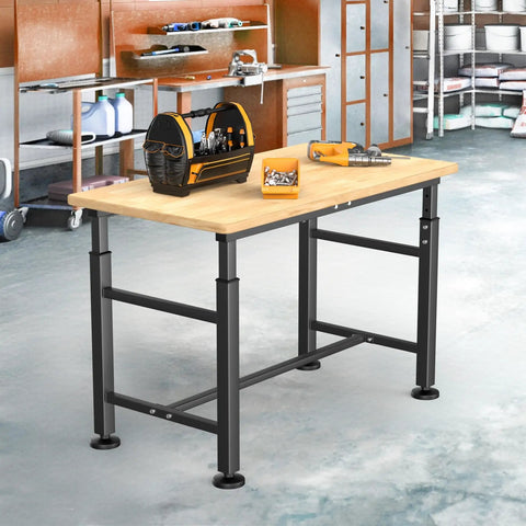 Adjustable Workbench With Rubberwood Top For Home Garage Heavy Duty Work Table Height Adjustable From 29 To 41 Inches