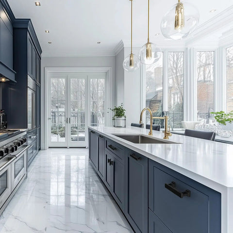 Modern kitchen with Square Matte Black Cabinet Pulls 5 Inch 128mm Hole Centers Durable Zinc Alloy Kitchen Drawer Handles.