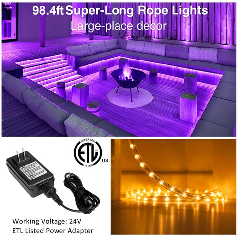 98.4ft Smart Outdoor Rope Light Kit With Music Sync RGB LEDs, App Control And RF Remote, Color Changing Dimmable Tape For Backyard Vibes, Garden, Stairs, And Parties, 24V IP65 Weatherproof Exterior Lighting