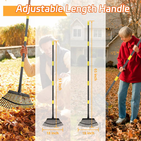 65 Inch Adjustable Leaf Rake With Long Handle And 25 Metal Tines 18 Inch Wide Yard Rake For Leaves And Grass Clippings