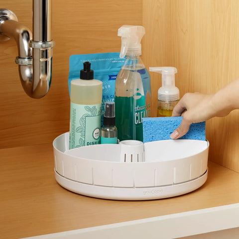 Under Sink Turntable Organizer With Adjustable Dividers, Lazy Susan For Kitchen Or Bathroom Storage, 360 Degree Rotation With Smooth Stainless Steel Bearings, 12 Inch Diameter, White, holding cleaning supplies under a sink.