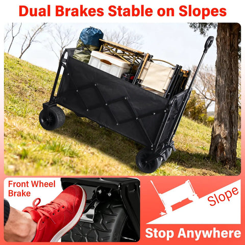 Collapsible Wagon Cart Foldable 600Lbs Heavy Duty Utility Wagon with All Terrain Wheels and Brakes on slope with gear