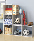 Three Two One Cube Storage Shelf Organizer Bookshelf With Three Tiers Corner Unit In White Wood Finish with toys and books
