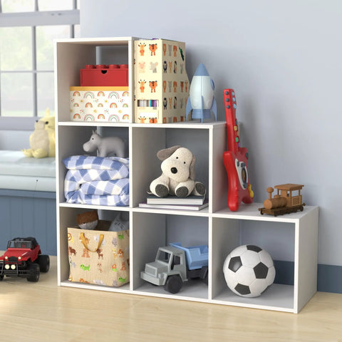 Three Two One Cube Storage Shelf Organizer Bookshelf With Three Tiers Corner Unit In White Wood Finish with toys and books
