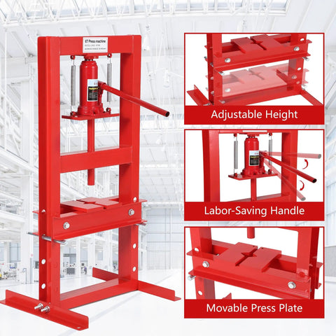 Badass Heavy Duty H Frame Hydraulic Shop Press With Killer 6 Ton Capacity Adjustable Bed Stamping Plates Safety Relief Valve Built Tight For Garage Auto Repair And Bearing Installation with adjustable height and labor-saving handle.