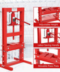 Heavy Duty Hydraulic H Frame Shop Press With Adjustable Table And Stamping Plates For Auto Repair Metalworking and Bearing Install Grease Monkey Approved Powerhouse For Every Weekend Mechanic Build Up, showcasing adjustable height and labor-saving handle.