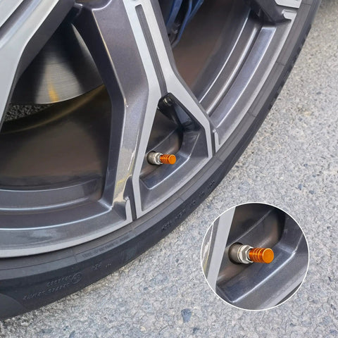 12 Pack Aluminum Alloy Tire Valve Stem Caps Orange Universal Fit For Cars Trucks Motorcycles And Bicycles Ride Ready Leak Proof Rubber Seal Durable Aluminum Exterior Car Accessory on a wheel