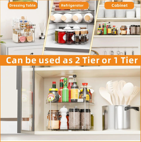 2 Tier Pantry Lazy Susan Organizer For Kitchen Cabinets And Pantry Storage, 12 Inch By 10 Inch Square Turntable, in cabinet
