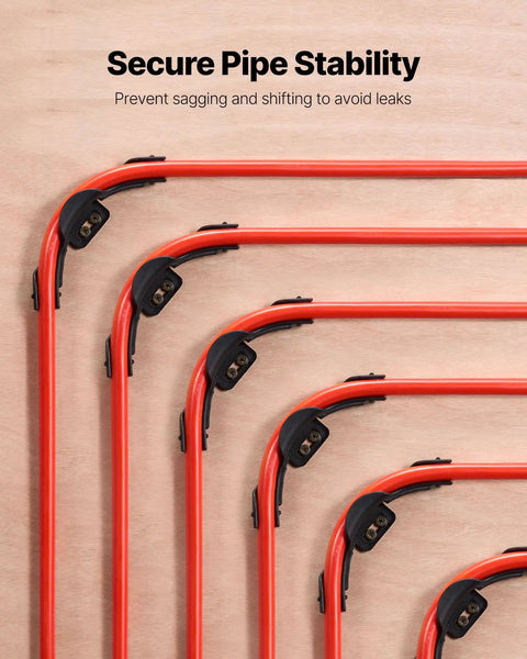 20 Pack One Half Inch PEX Tubing Bend Support 90 Degree Elbow Clamp with Nail Tab for DIY plumbing on wooden background